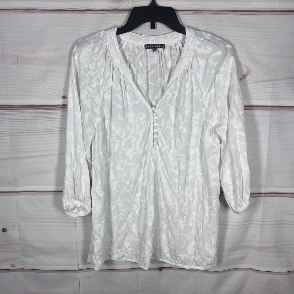 Brixon Ivy Blouse Womens Large White Embroidered Peasant V-Neck 3/4 Sleeve Top